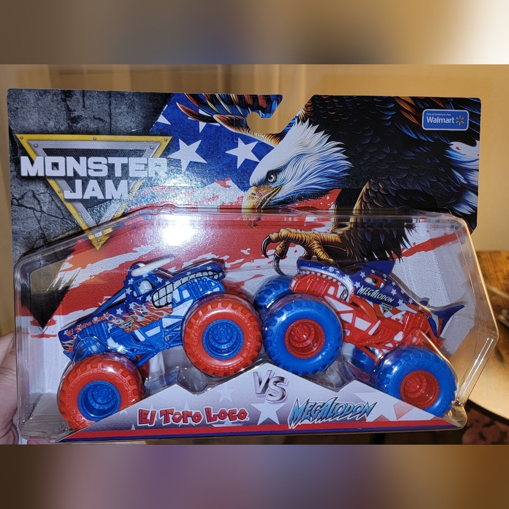 Stars And Stripes MONSTER JAM El Toro Loco vs Megalodon Toy Trucks